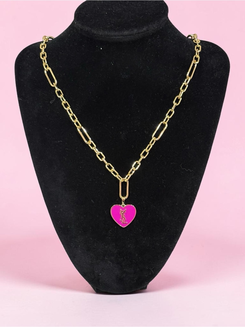 Upcycled Stamped Saint Laurent Pink Heart Pendant Gold Chain Necklace